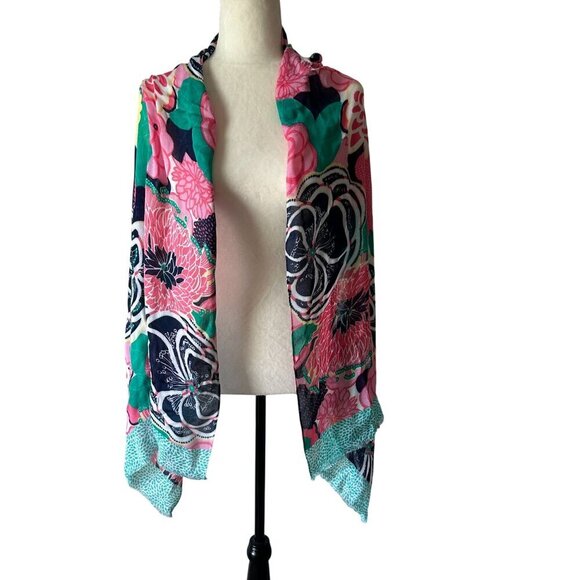 Floral Scarf Oblong Vibrant Flower Pink Navy Frayed Ends Fringe Long Wrap Hijab - Picture 5 of 13